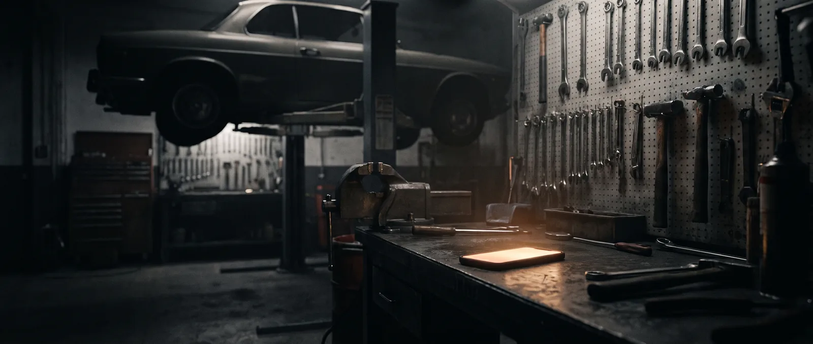 A dark workshop bay at night, phone glowing on a workbench