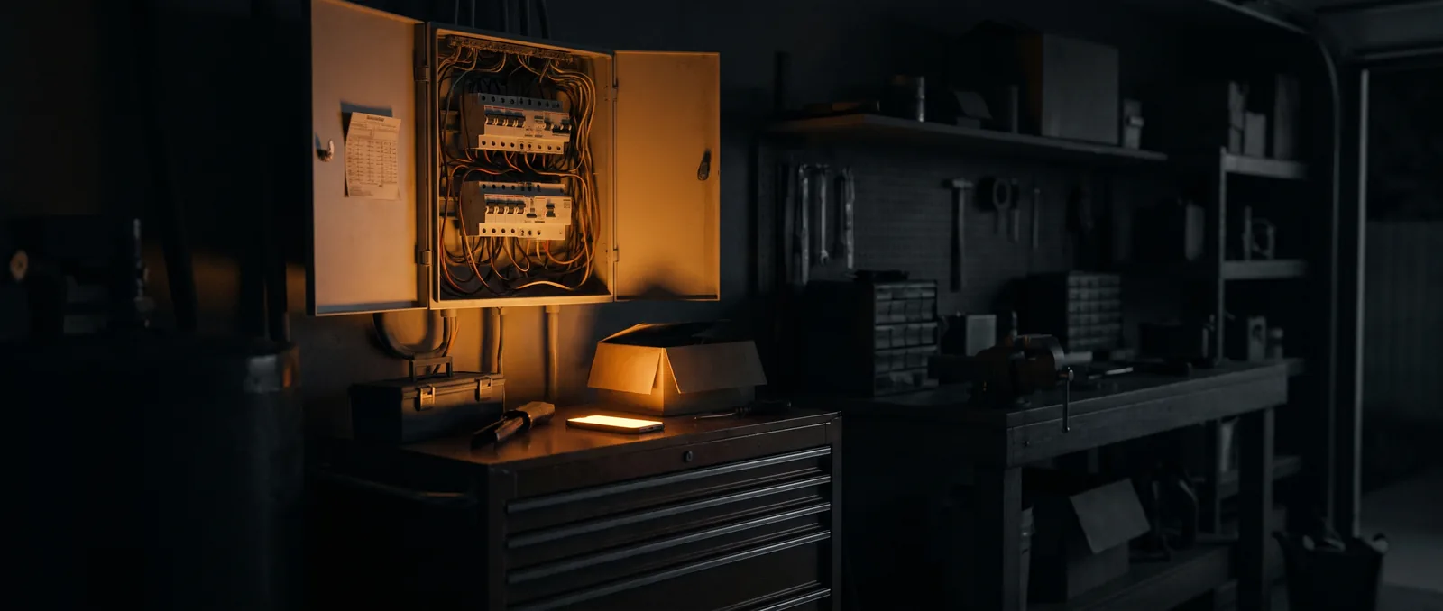 An open switchboard at night, phone glowing on a toolbox